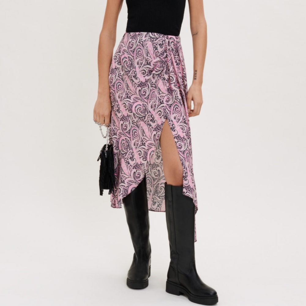 Maje Asymmetrical Pink and Black Paisley Skirt